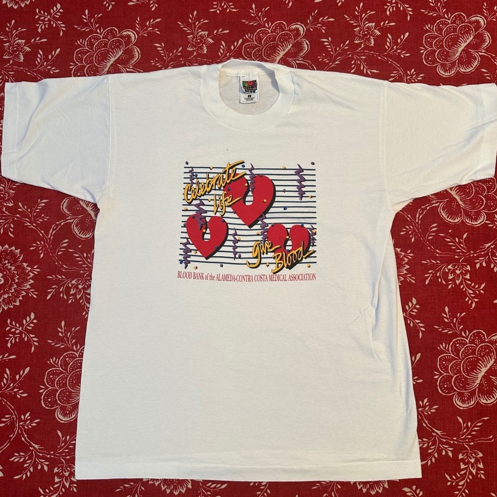 Vintage Fruit of the Loom Best Give‎ Blood Graphic T-Shirt White Single Stitch L